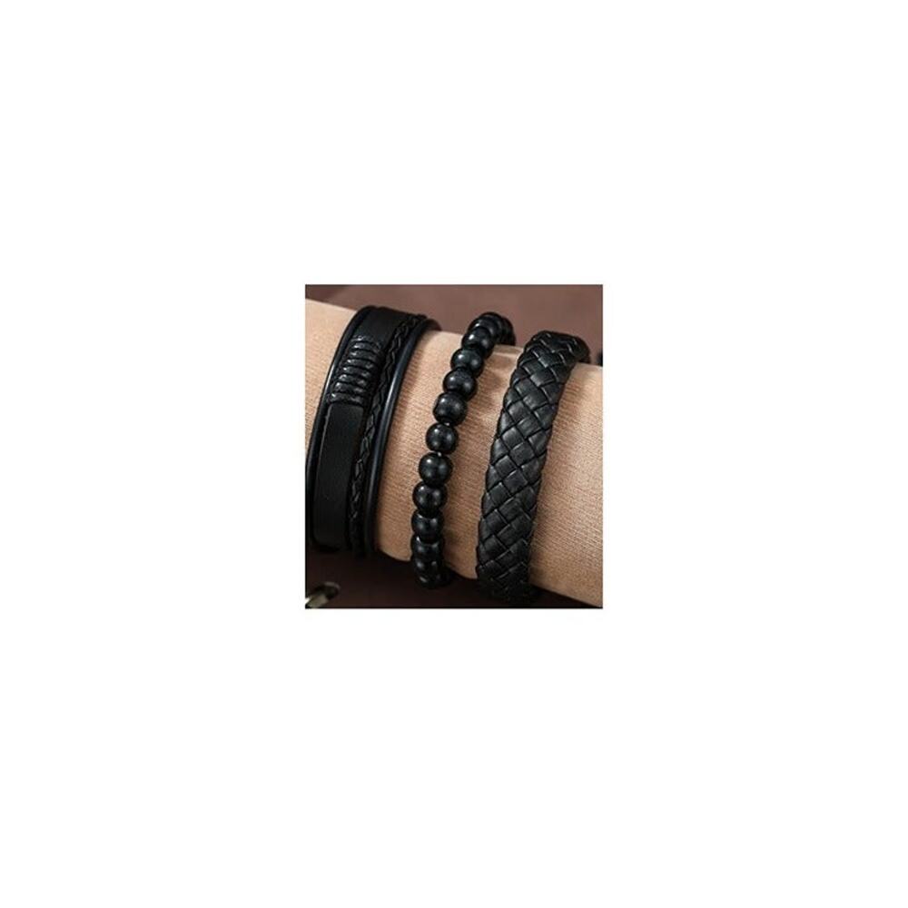 3pcs Men's Vintage Black Leather Woven Handmade Bracelet - Picture 2 of 3